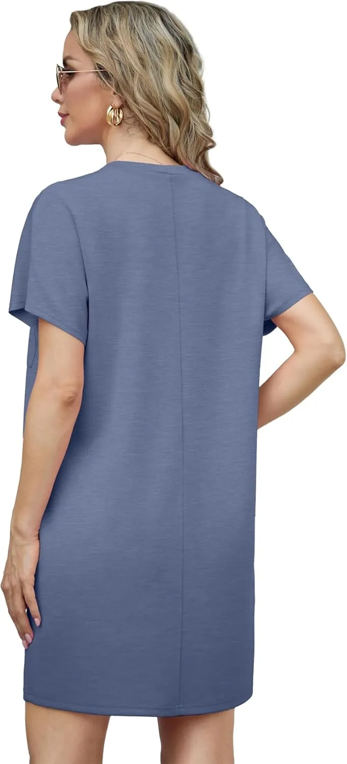 GRECERELLE Women's 2025 Casual Summer Shirt Dress Loose Round Neck Mini Wrinkle-Free Sundress with Pocket