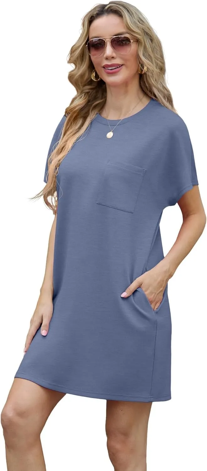 GRECERELLE Women's 2025 Casual Summer Shirt Dress Loose Round Neck Mini Wrinkle-Free Sundress with Pocket