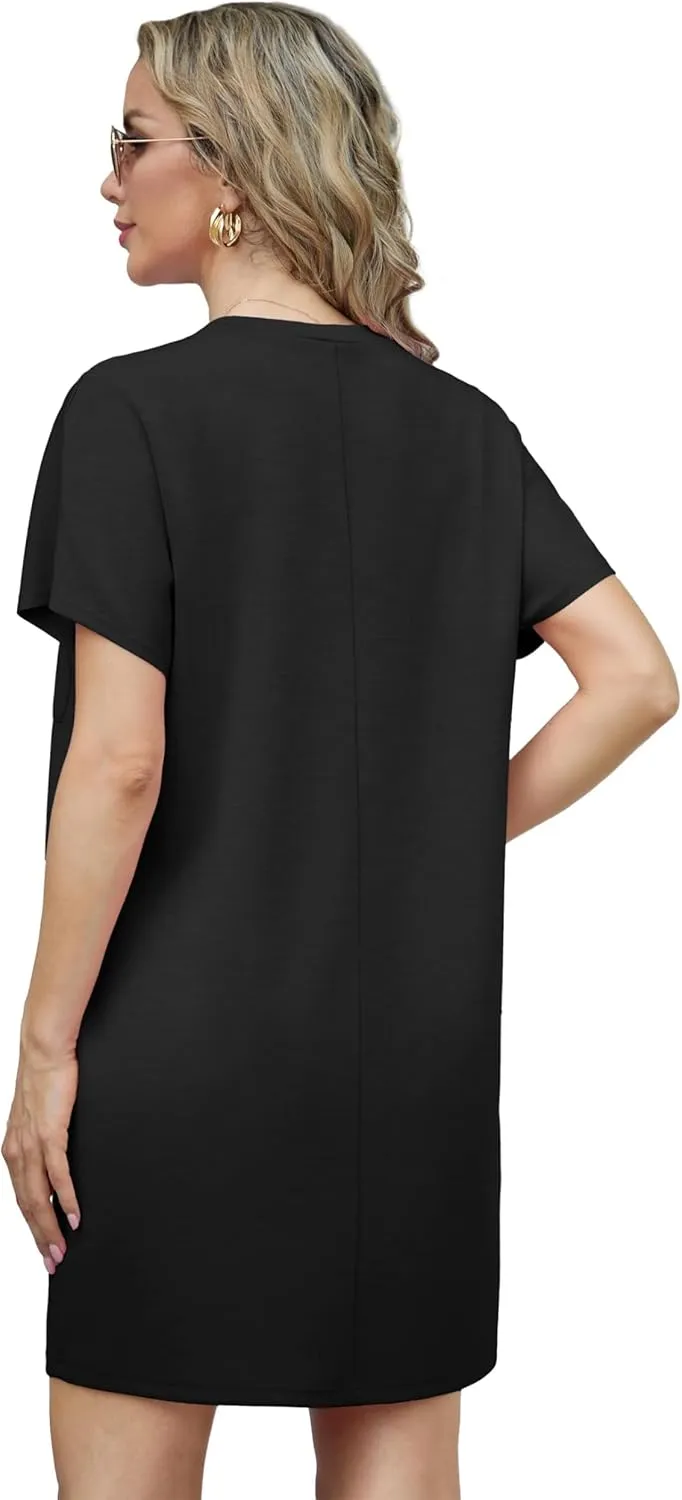 GRECERELLE Women's 2025 Casual Summer Shirt Dress Loose Round Neck Mini Wrinkle-Free Sundress with Pocket
