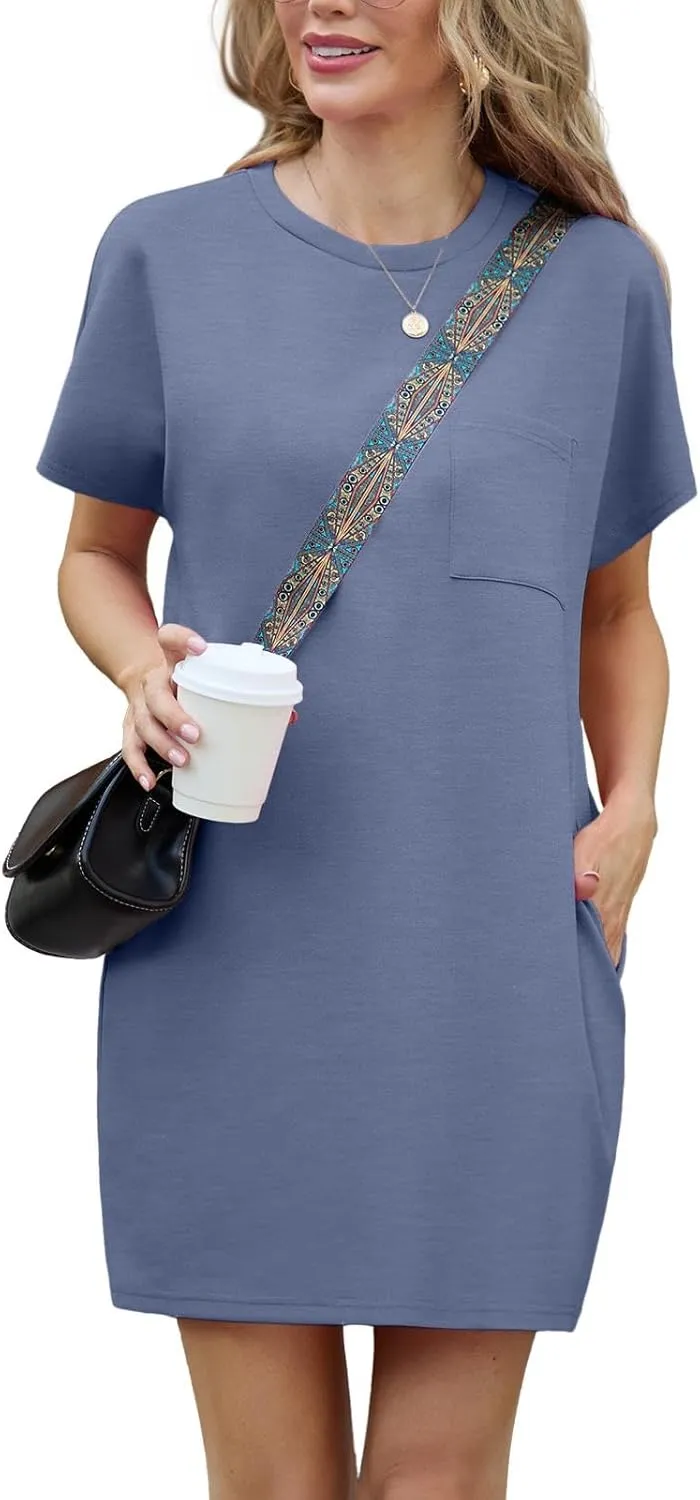 GRECERELLE Women's 2025 Casual Summer Shirt Dress Loose Round Neck Mini Wrinkle-Free Sundress with Pocket