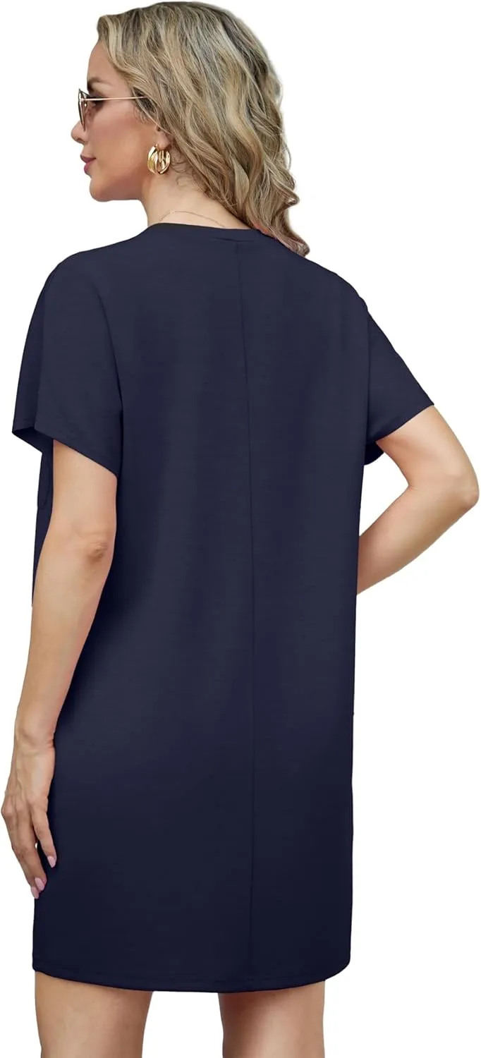 GRECERELLE Women's 2025 Casual Summer Shirt Dress Loose Round Neck Mini Wrinkle-Free Sundress with Pocket