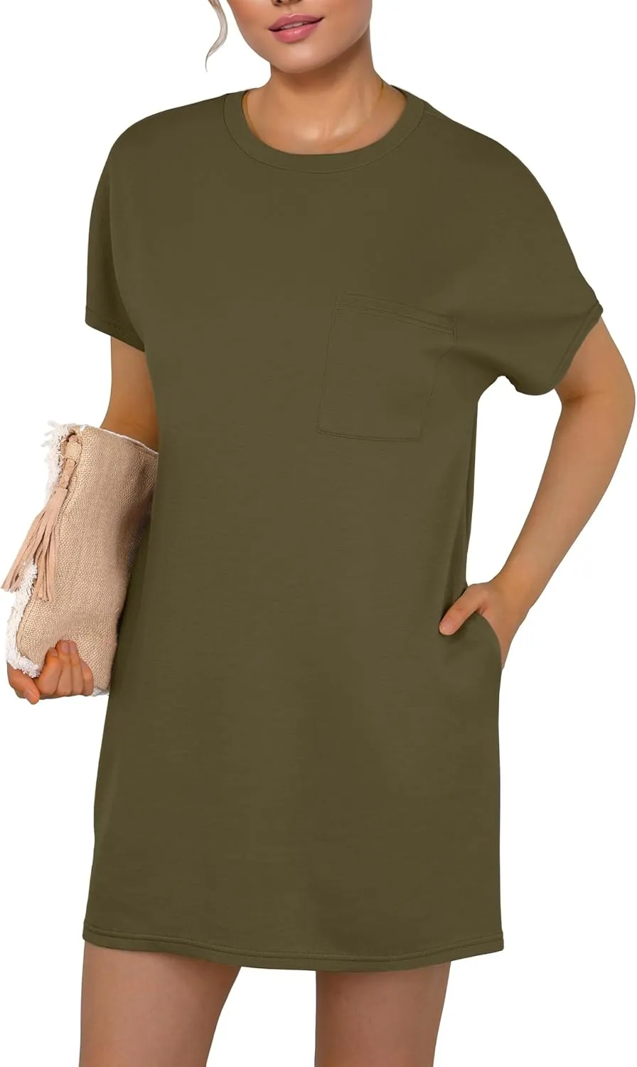 GRECERELLE Women's 2025 Casual Summer Shirt Dress Loose Round Neck Mini Wrinkle-Free Sundress with Pocket