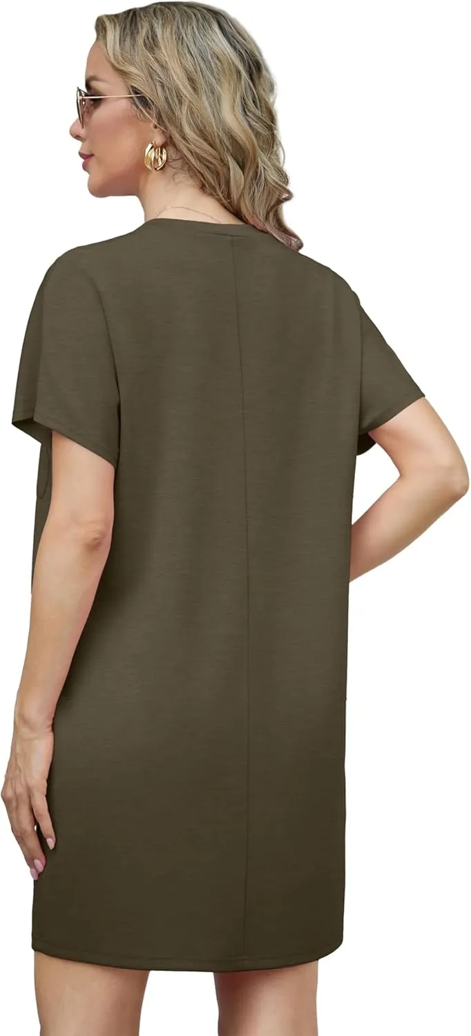 GRECERELLE Women's 2025 Casual Summer Shirt Dress Loose Round Neck Mini Wrinkle-Free Sundress with Pocket