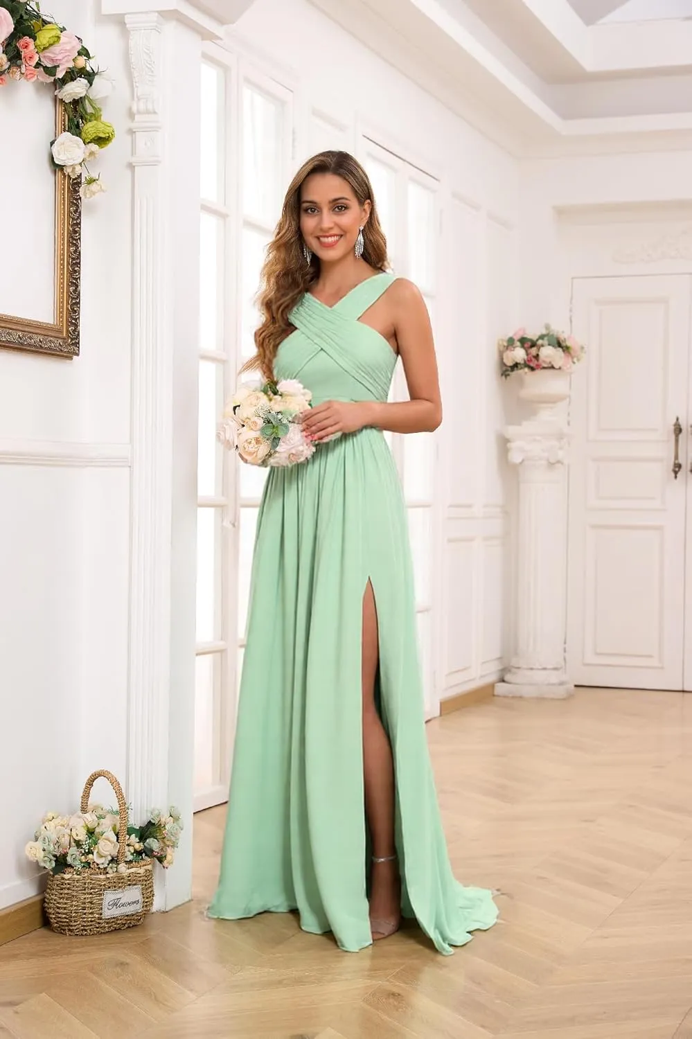 Halter Chiffon Bridesmaid Dresses for Women with Slit Corset Long Ruched Formal Wedding Dress