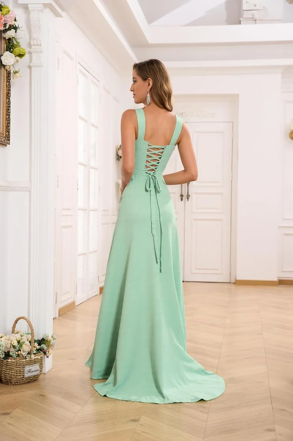 Halter Chiffon Bridesmaid Dresses for Women with Slit Corset Long Ruched Formal Wedding Dress