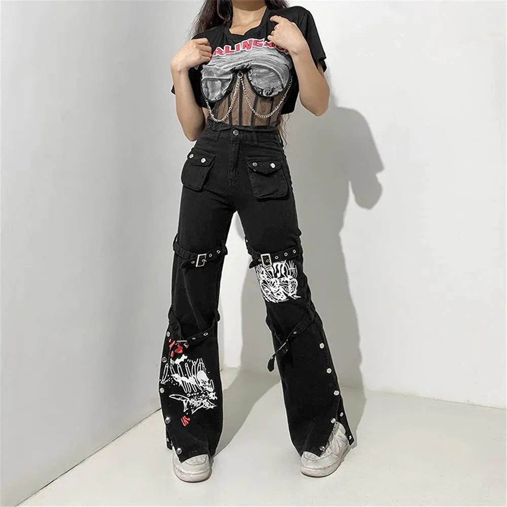 Harajuku Gothic Fashion Patchwork Black Jeans Punk Grunge Aesthetic Women Autumn Electro Pants Emo Printed Streetwear