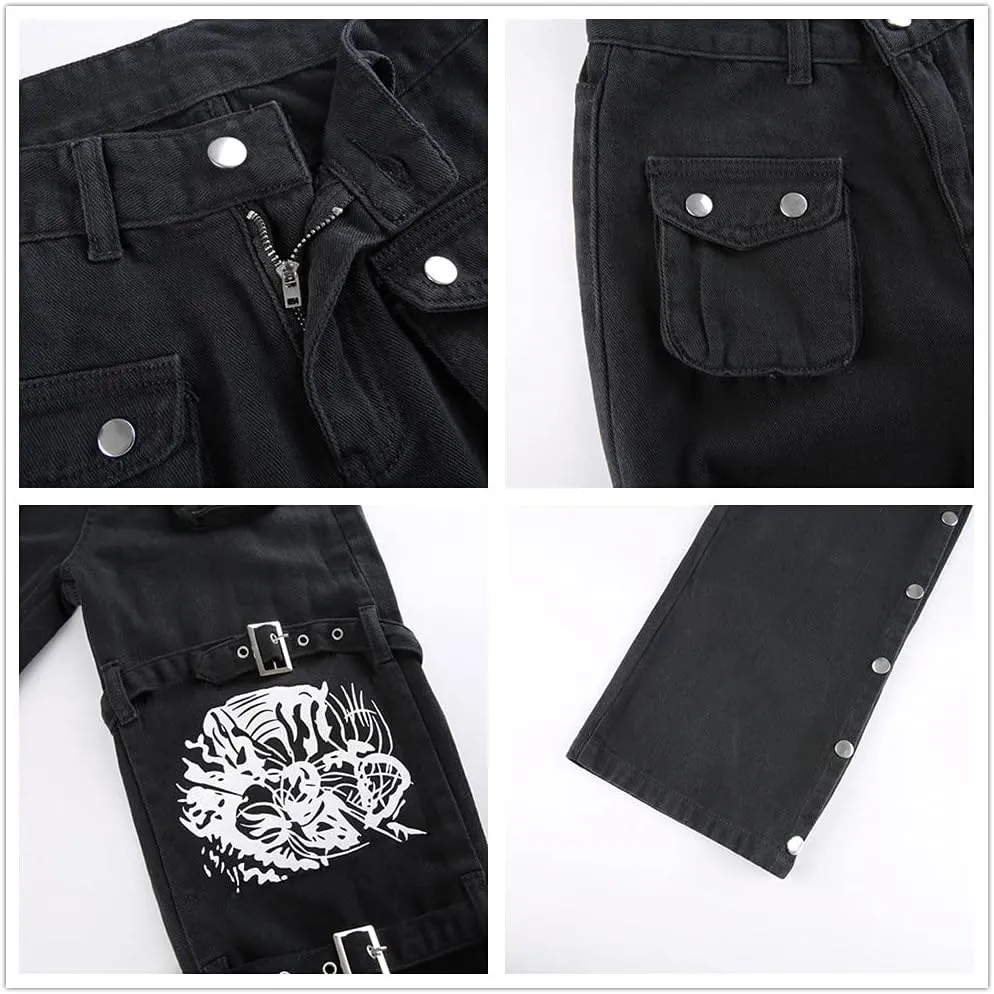 Harajuku Gothic Fashion Patchwork Black Jeans Punk Grunge Aesthetic Women Autumn Electro Pants Emo Printed Streetwear