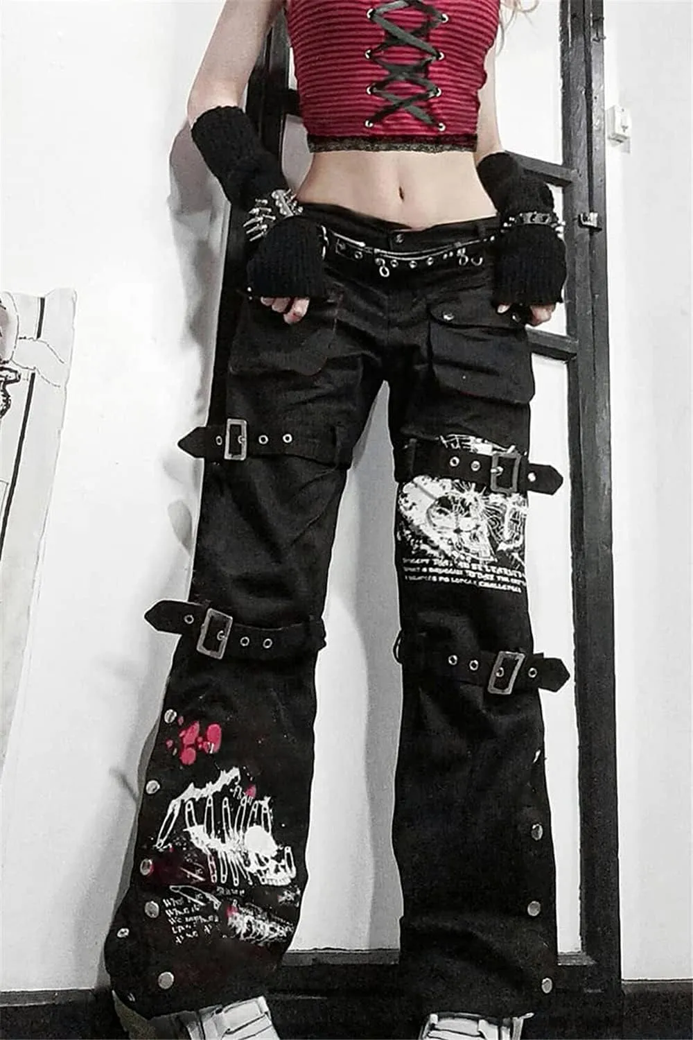 Harajuku Gothic Fashion Patchwork Black Jeans Punk Grunge Aesthetic Women Autumn Electro Pants Emo Printed Streetwear
