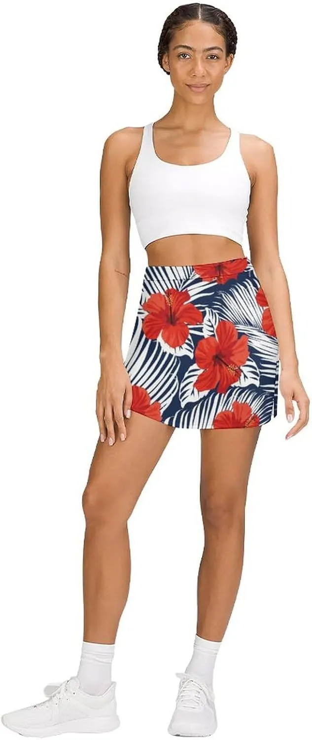 Hawaiian Hibiscus Flowers Women's Skort Athletic Skirt Golf Skorts A-line Skirts with Built-in Shorts Pockets