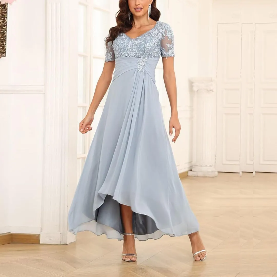 High Low Mother of The Bride Dresses Lace Applique Chiffon Formal Evening Gown V Neck Wedding Party Dress