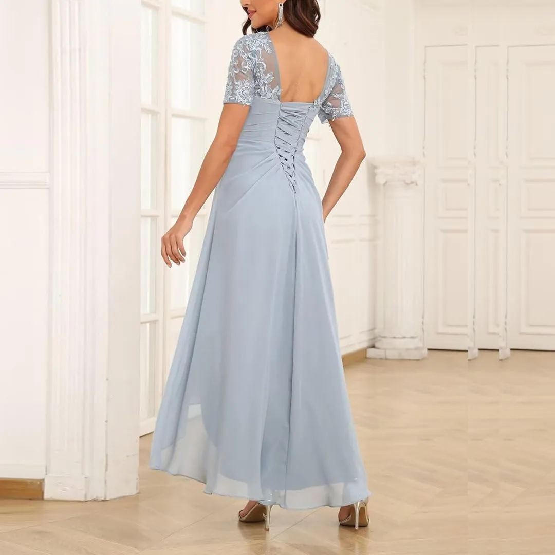 High Low Mother of The Bride Dresses Lace Applique Chiffon Formal Evening Gown V Neck Wedding Party Dress