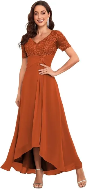 High Low Mother of The Bride Dresses Lace Applique Chiffon Formal Evening Gown V Neck Wedding Party Dress