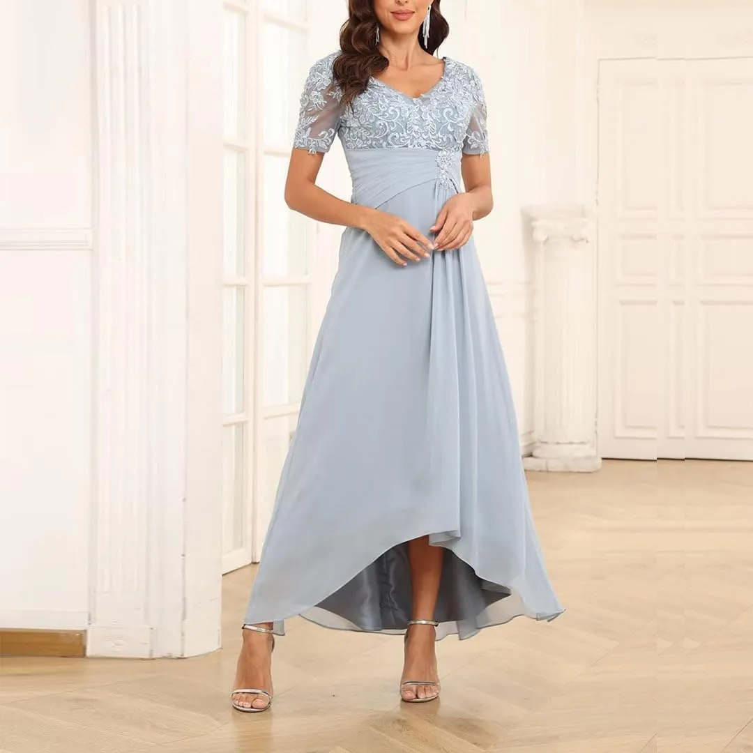 High Low Mother of The Bride Dresses Lace Applique Chiffon Formal Evening Gown V Neck Wedding Party Dress