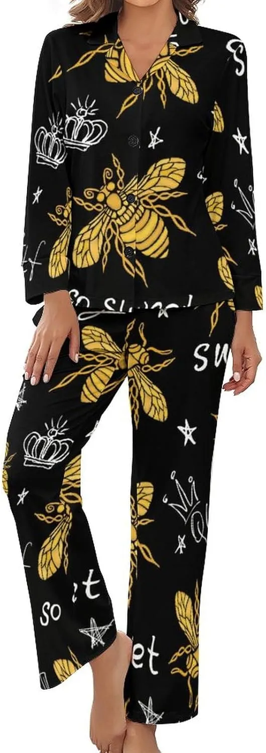 Honey Bee Queen Women's Pajama Set Long Sleeve Top Pants Loungewear 2 Piece Button Down PJ