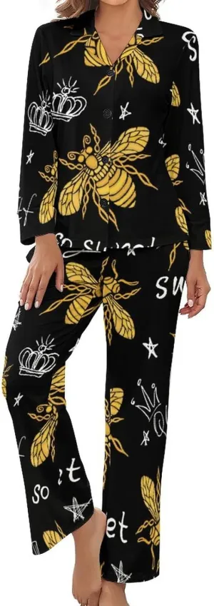 Honey Bee Queen Women's Pajama Set Long Sleeve Top Pants Loungewear 2 Piece Button Down PJ