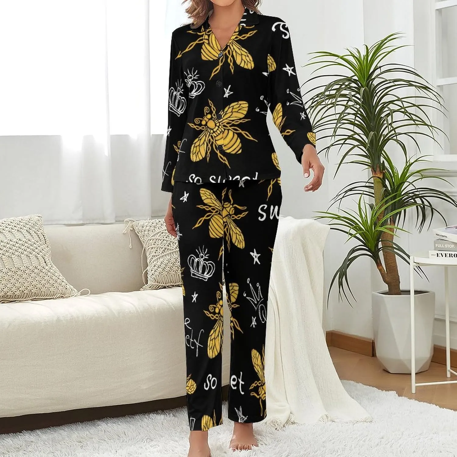 Honey Bee Queen Women's Pajama Set Long Sleeve Top Pants Loungewear 2 Piece Button Down PJ