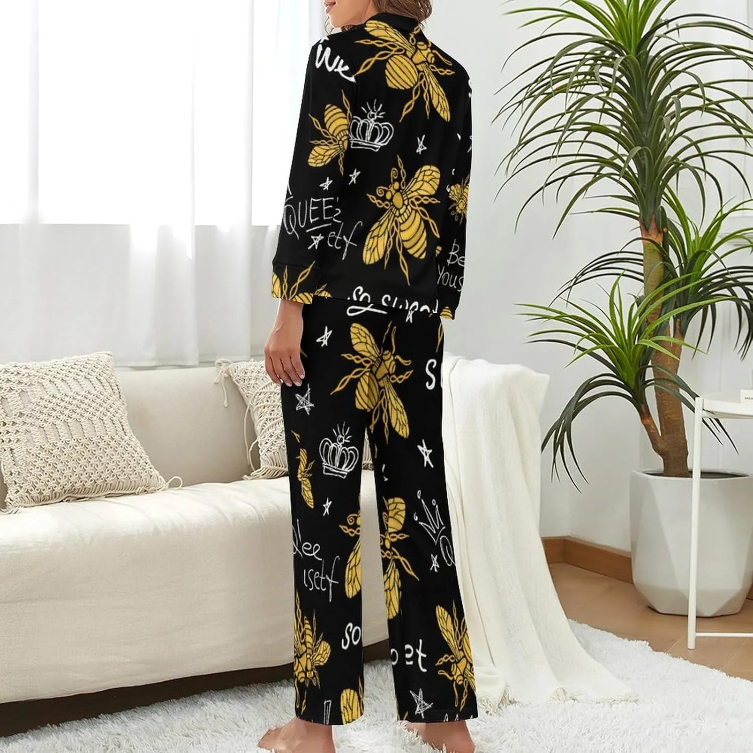 Honey Bee Queen Women's Pajama Set Long Sleeve Top Pants Loungewear 2 Piece Button Down PJ
