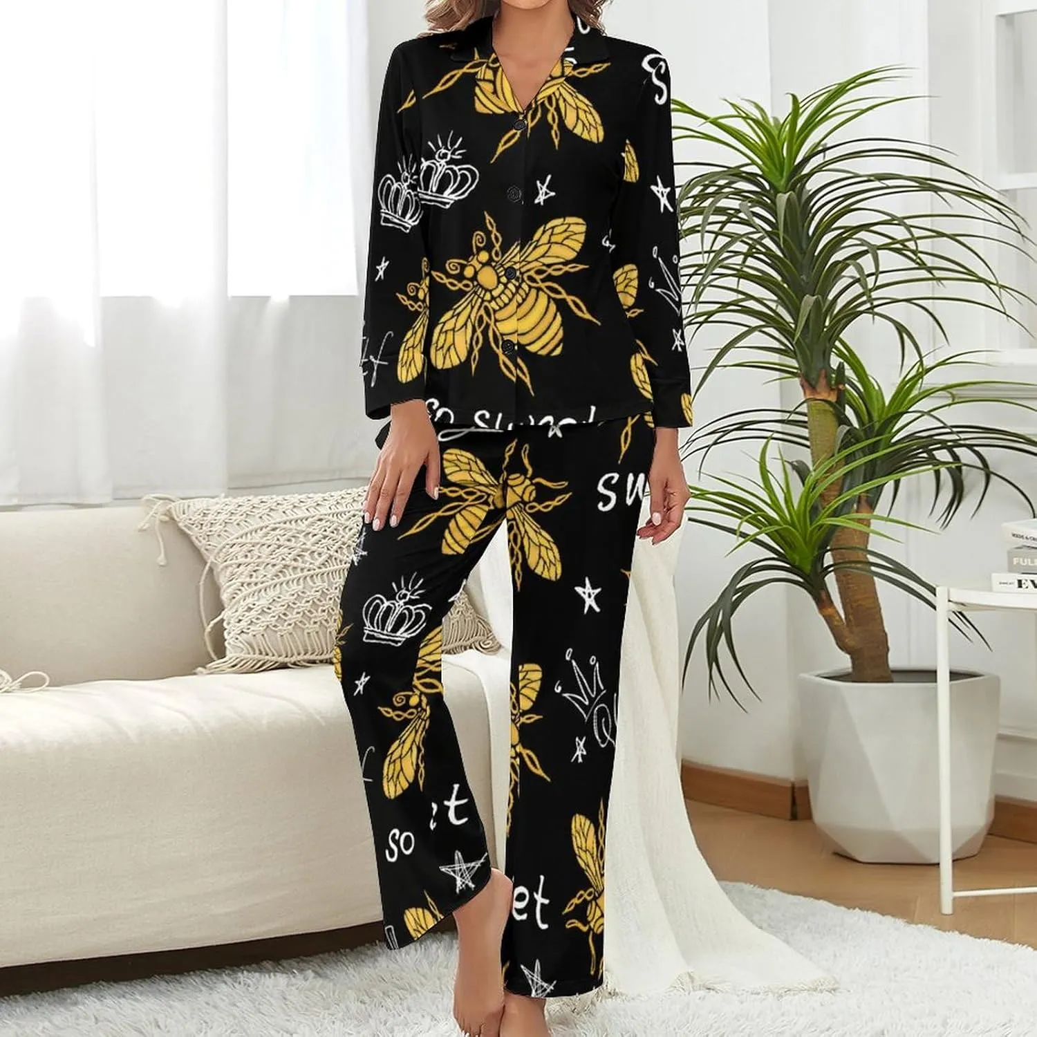Honey Bee Queen Women's Pajama Set Long Sleeve Top Pants Loungewear 2 Piece Button Down PJ