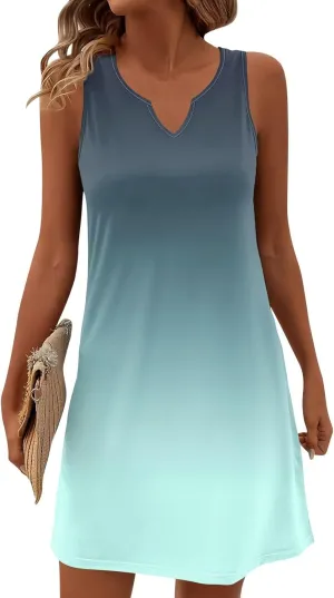 HXHYQKP Sun Dresses for Women 2025 Vacation Summer Casual Sleeveless Tank Dress Beach Cover Ups Trendy Midi Sundress