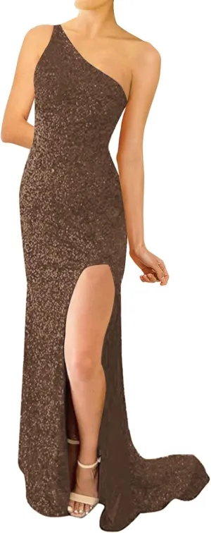 ISABUFEI Prom Dress Long Formal Evening Dresses Sequin One Shoulder Wedding Guest Dresses Slit