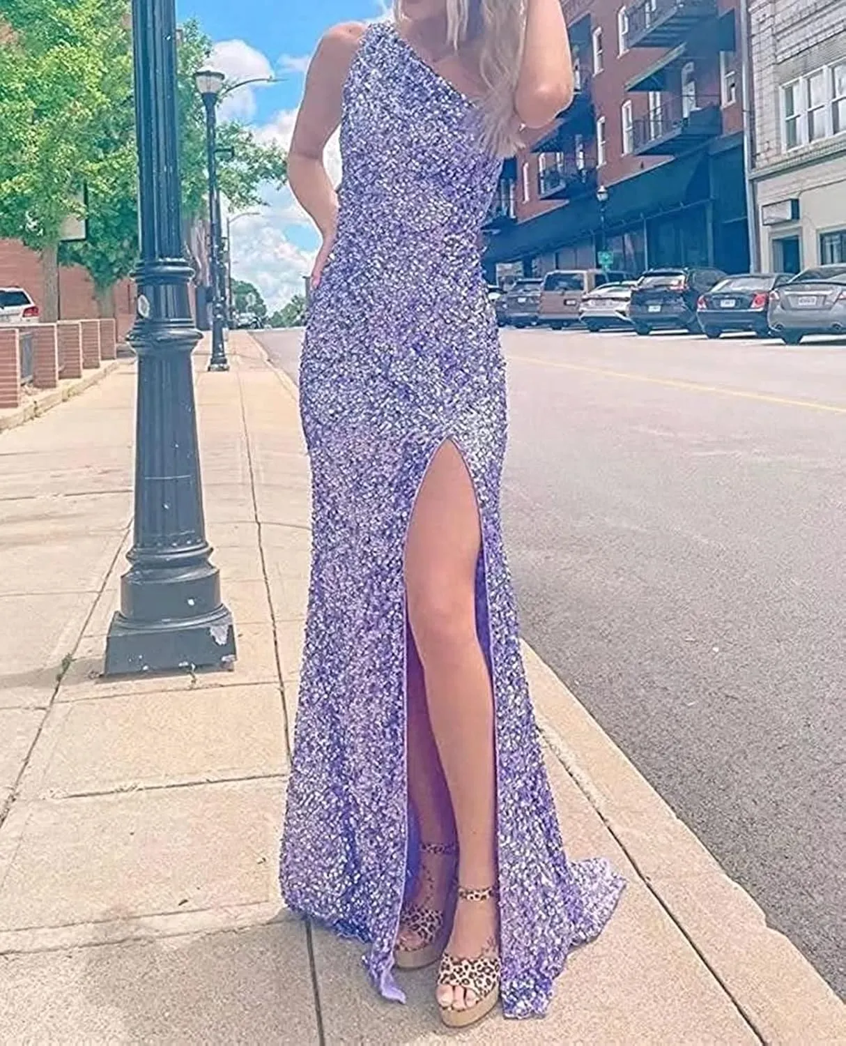 ISABUFEI Prom Dress Long Formal Evening Dresses Sequin One Shoulder Wedding Guest Dresses Slit