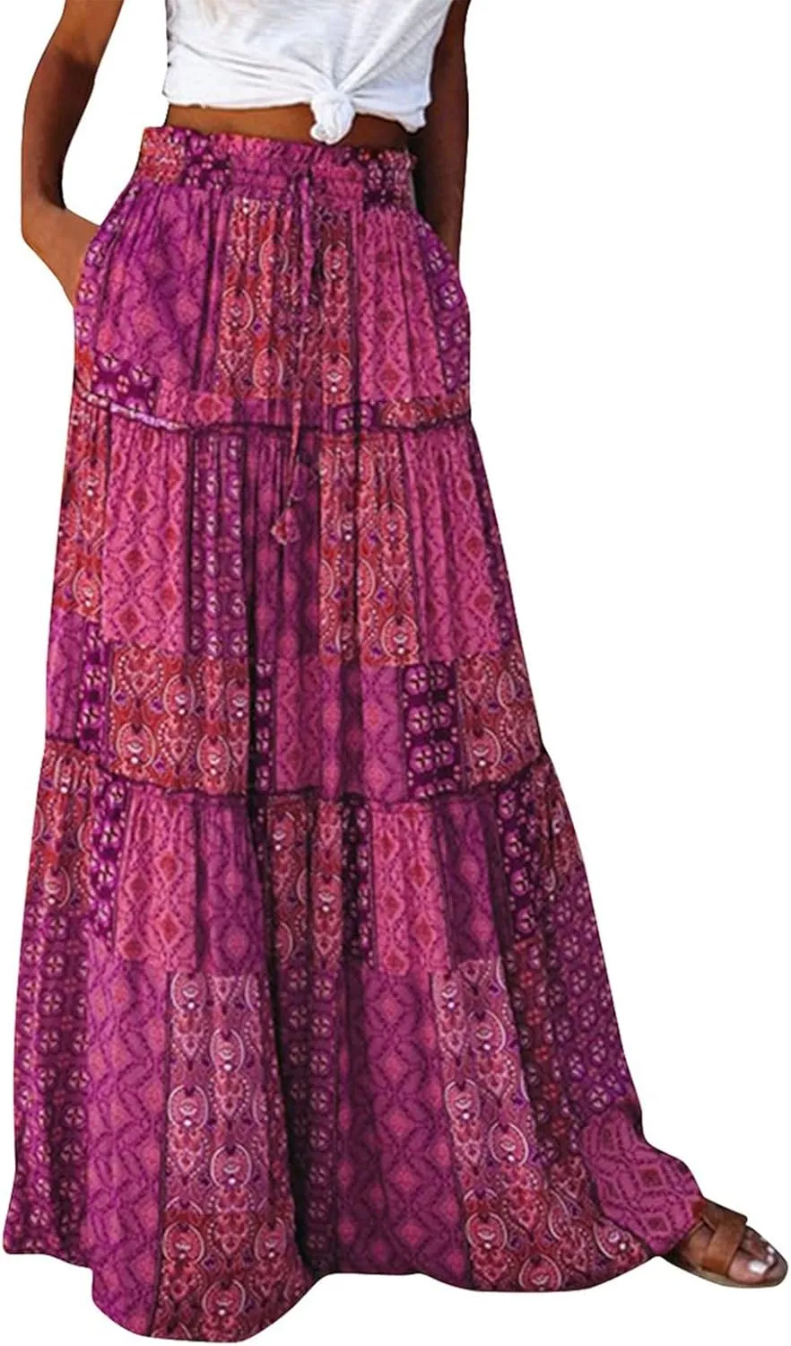 JJHAEVDY Womens Summer Boho Flowy Swing Tiered A-Line Midi Skirt 2025 Fashion Trendy Elastic Waist Pleated Long Beach Dress