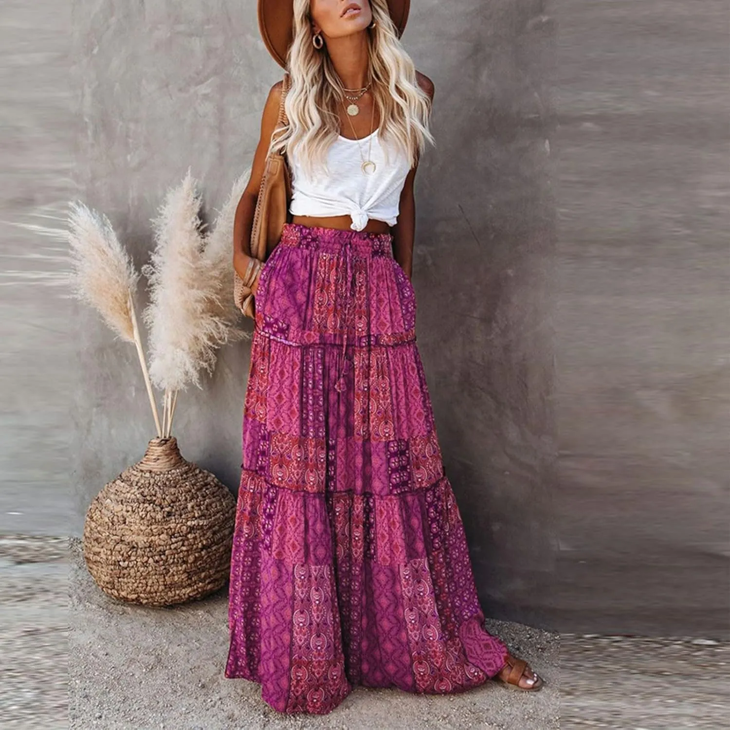 JJHAEVDY Womens Summer Boho Flowy Swing Tiered A-Line Midi Skirt 2025 Fashion Trendy Elastic Waist Pleated Long Beach Dress