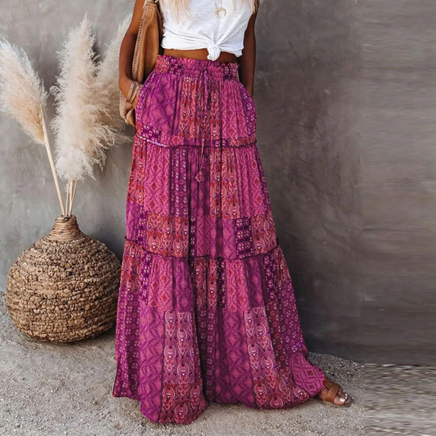 JJHAEVDY Womens Summer Boho Flowy Swing Tiered A-Line Midi Skirt 2025 Fashion Trendy Elastic Waist Pleated Long Beach Dress