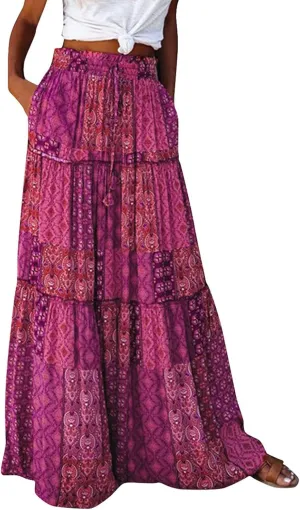 JJHAEVDY Womens Summer Boho Flowy Swing Tiered A-Line Midi Skirt 2025 Fashion Trendy Elastic Waist Pleated Long Beach Dress