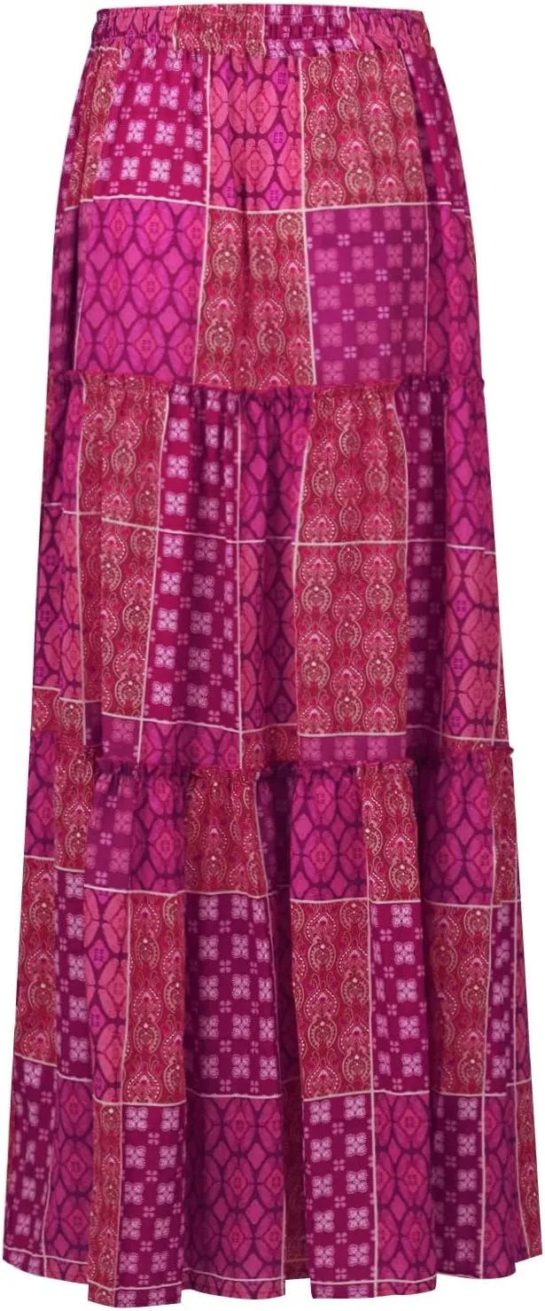 JJHAEVDY Womens Summer Boho Flowy Swing Tiered A-Line Midi Skirt 2025 Fashion Trendy Elastic Waist Pleated Long Beach Dress