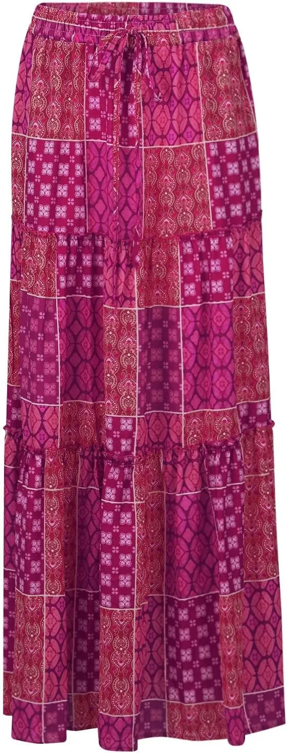 JJHAEVDY Womens Summer Boho Flowy Swing Tiered A-Line Midi Skirt 2025 Fashion Trendy Elastic Waist Pleated Long Beach Dress