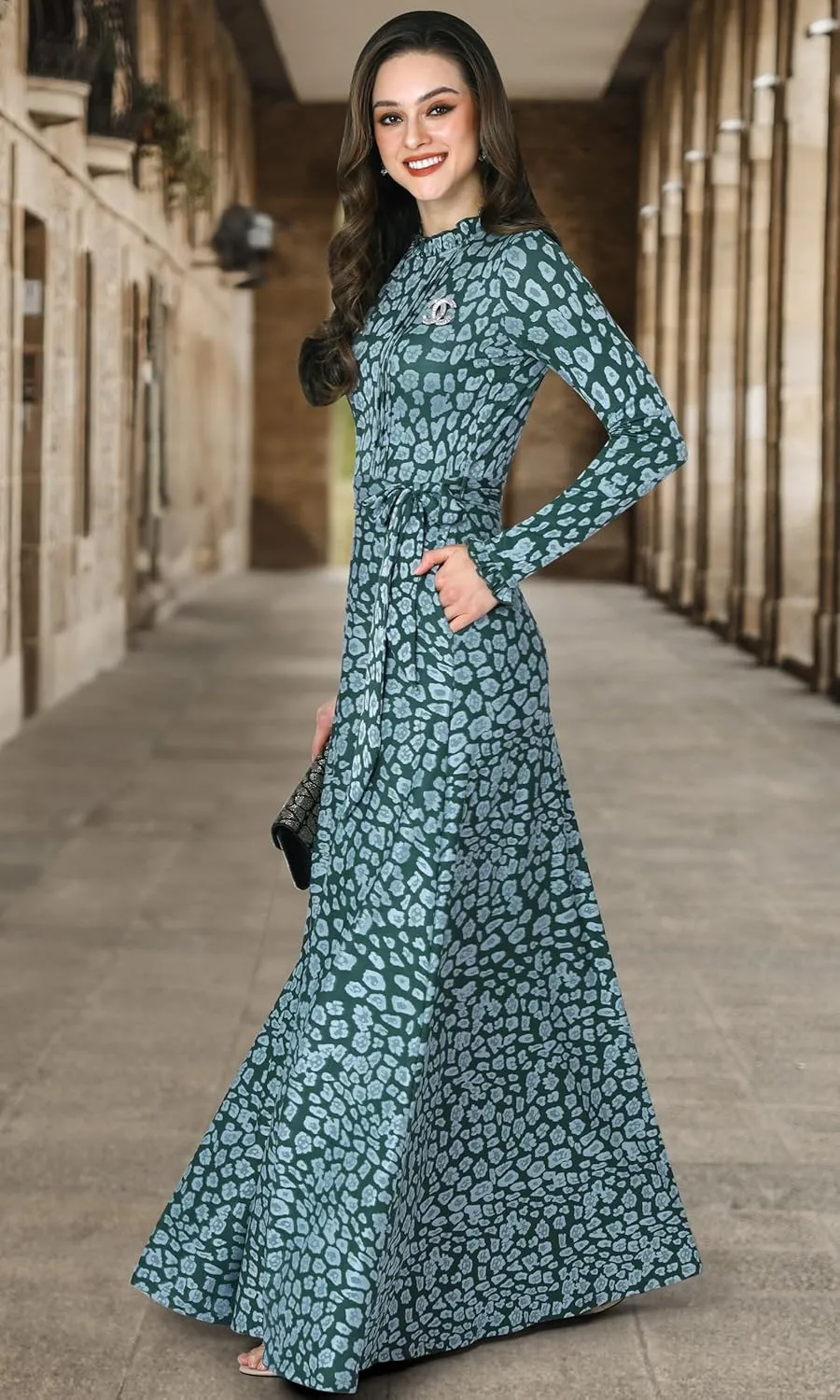 KOH KOH Womens Long Sleeve Elegant Pockets Fall Winter Evening Maxi Dress Gown