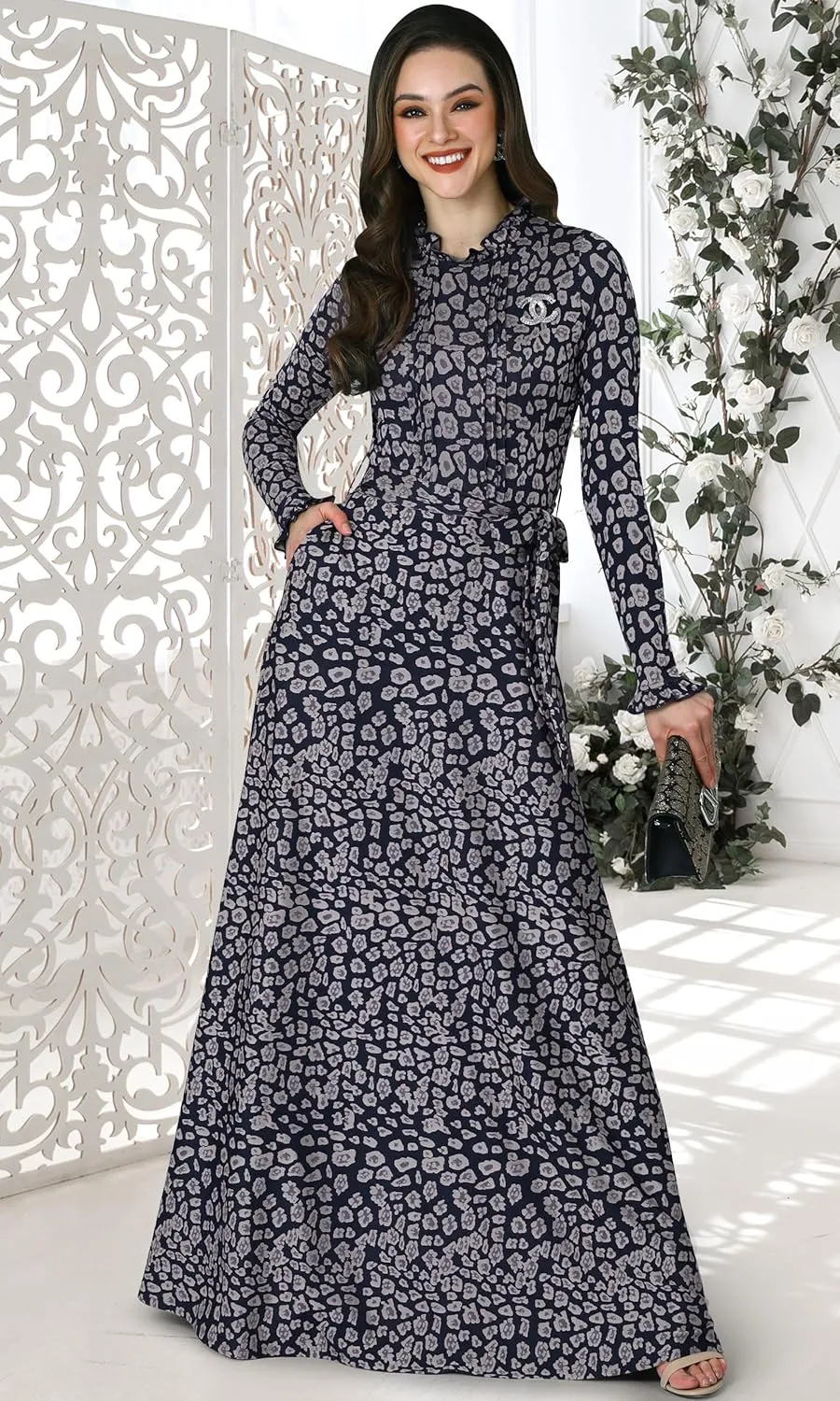 KOH KOH Womens Long Sleeve Elegant Pockets Fall Winter Evening Maxi Dress Gown