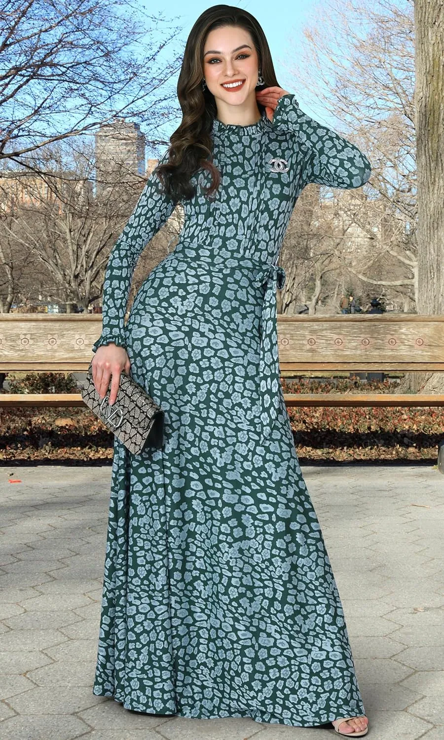 KOH KOH Womens Long Sleeve Elegant Pockets Fall Winter Evening Maxi Dress Gown