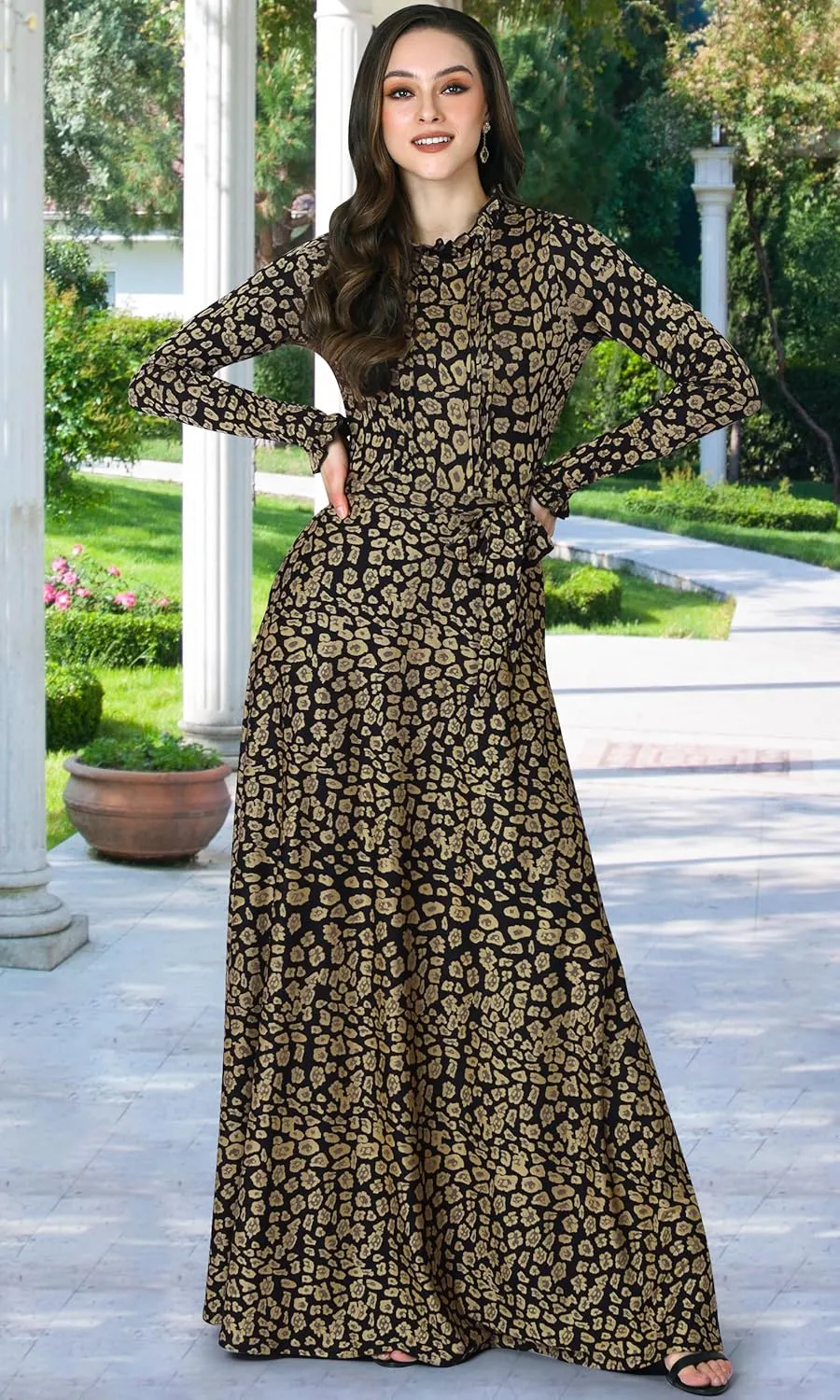 KOH KOH Womens Long Sleeve Elegant Pockets Fall Winter Evening Maxi Dress Gown