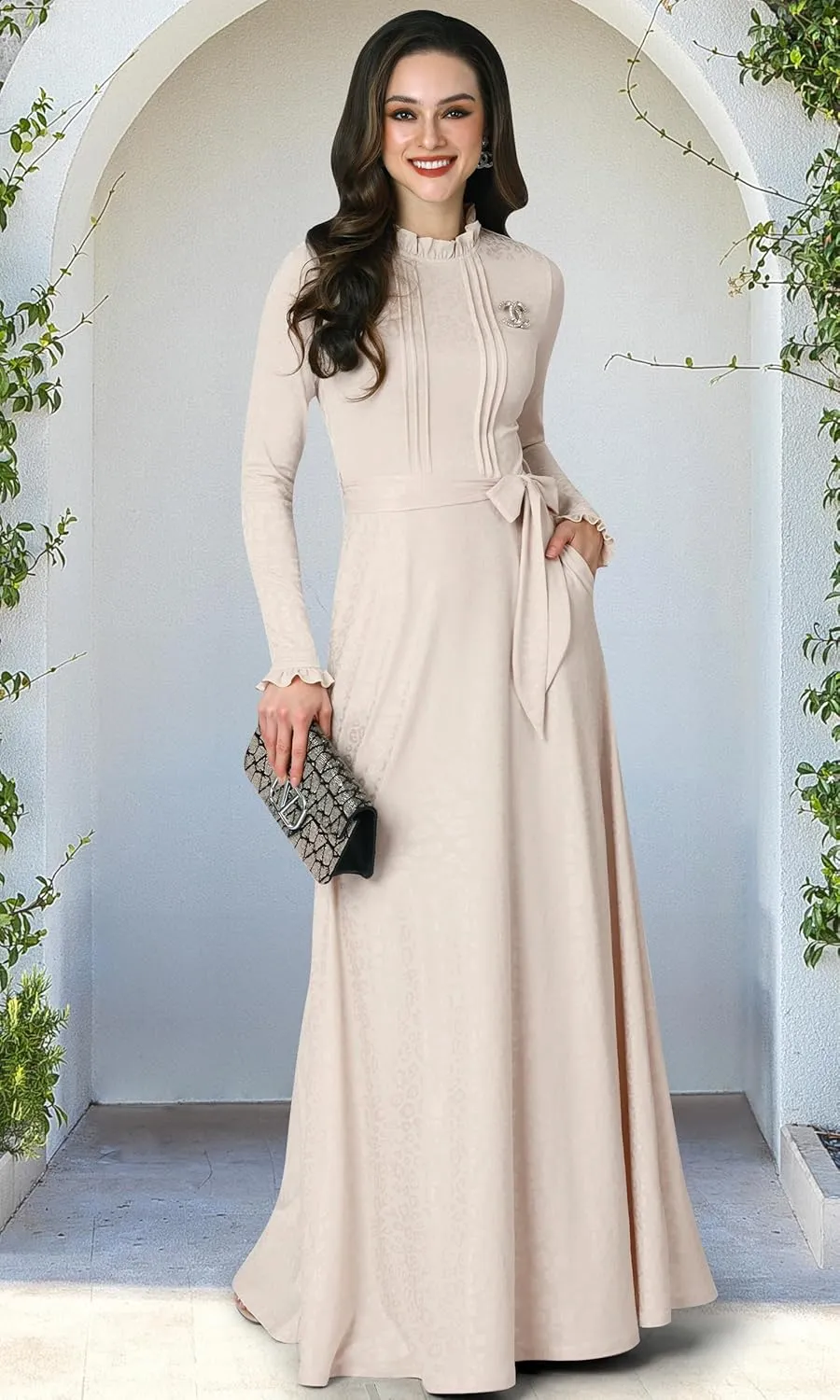 KOH KOH Womens Long Sleeve Elegant Pockets Fall Winter Evening Maxi Dress Gown