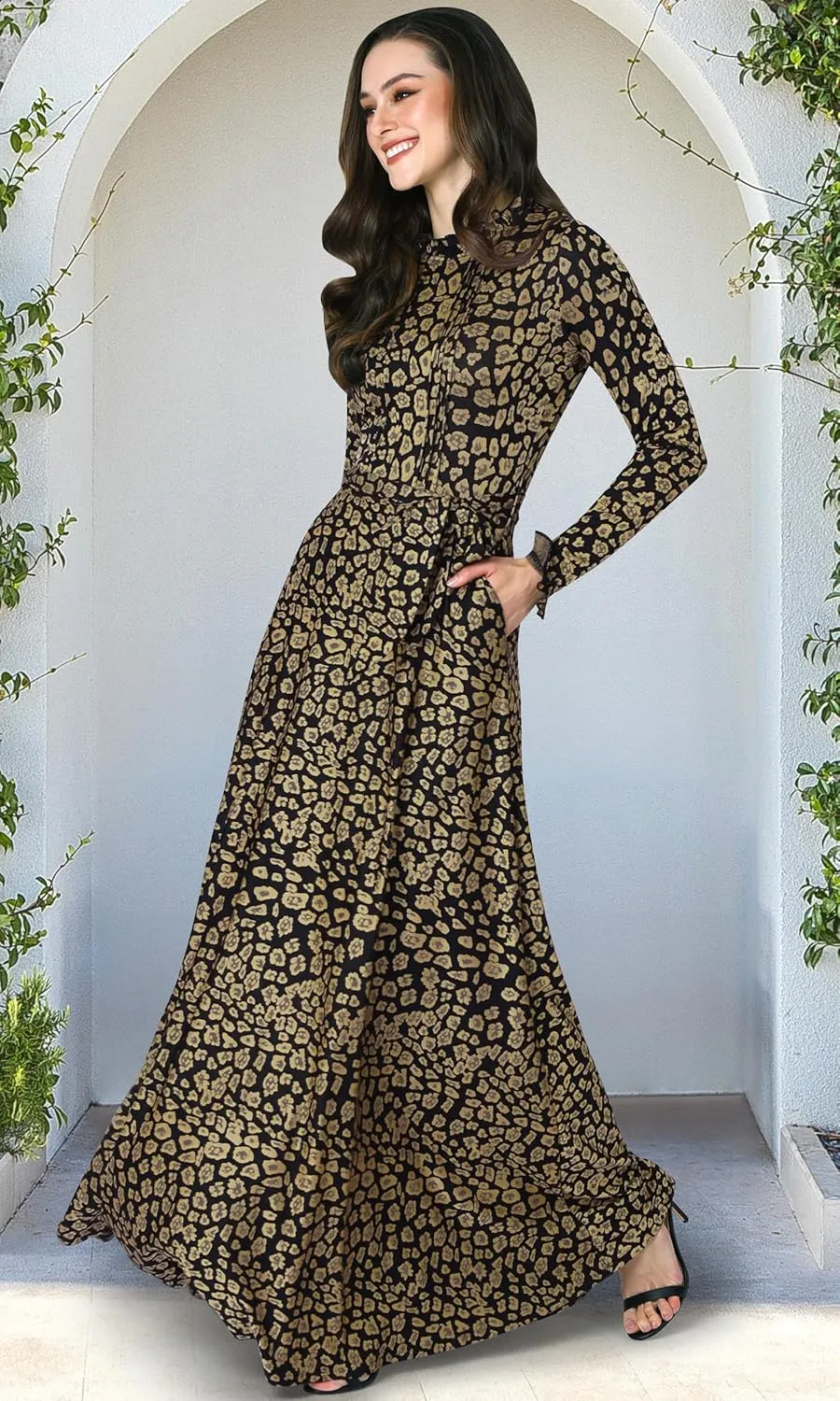 KOH KOH Womens Long Sleeve Elegant Pockets Fall Winter Evening Maxi Dress Gown