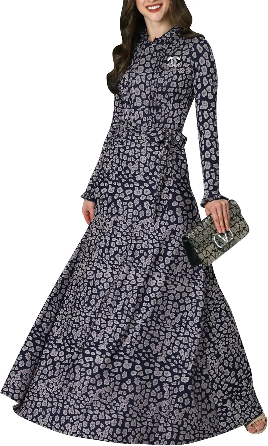 KOH KOH Womens Long Sleeve Elegant Pockets Fall Winter Evening Maxi Dress Gown