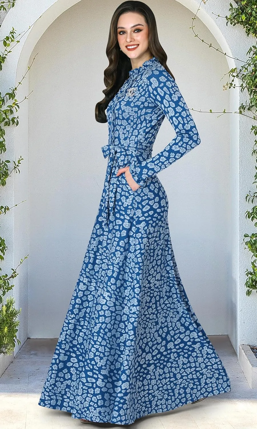 KOH KOH Womens Long Sleeve Elegant Pockets Fall Winter Evening Maxi Dress Gown
