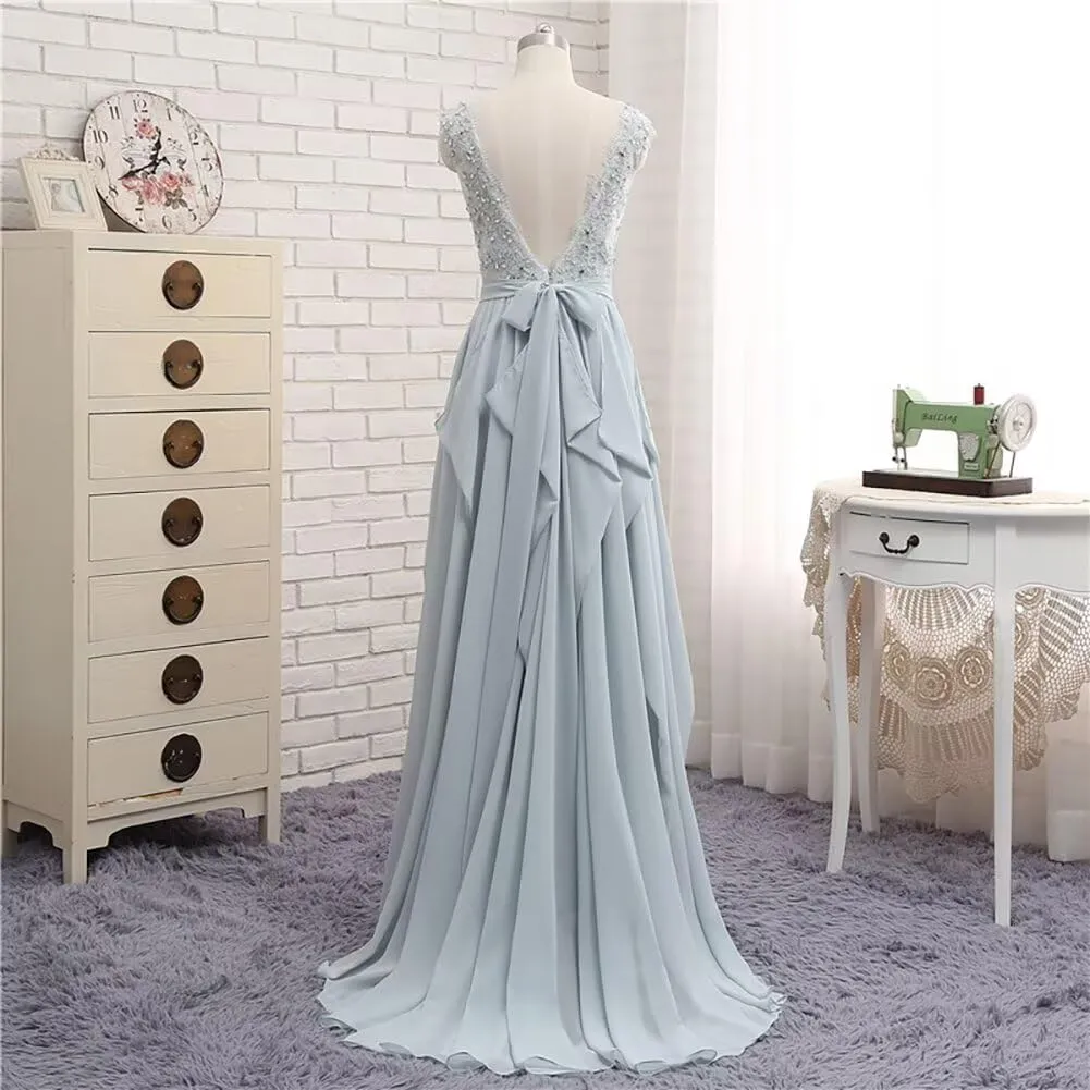 Lace Applique Chiffon Prom Dress Long Beaded Mother of The Bride Dresses Sleeveless A Line Formal Party Evening Gown