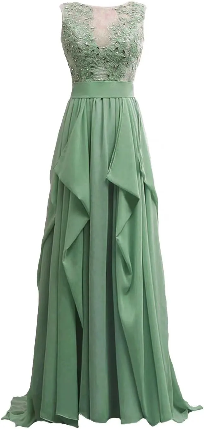 Lace Applique Chiffon Prom Dress Long Beaded Mother of The Bride Dresses Sleeveless A Line Formal Party Evening Gown