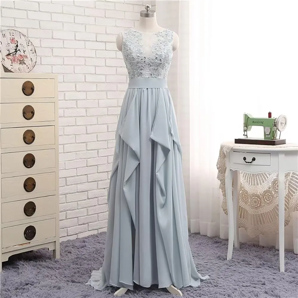 Lace Applique Chiffon Prom Dress Long Beaded Mother of The Bride Dresses Sleeveless A Line Formal Party Evening Gown