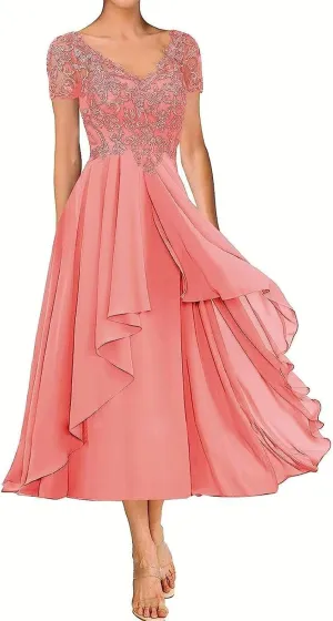 Lace Applique Mother of The Bride Dress for Wedding Short Sleeves Chiffon Formal Party Gown for Women Tea Length RO45
