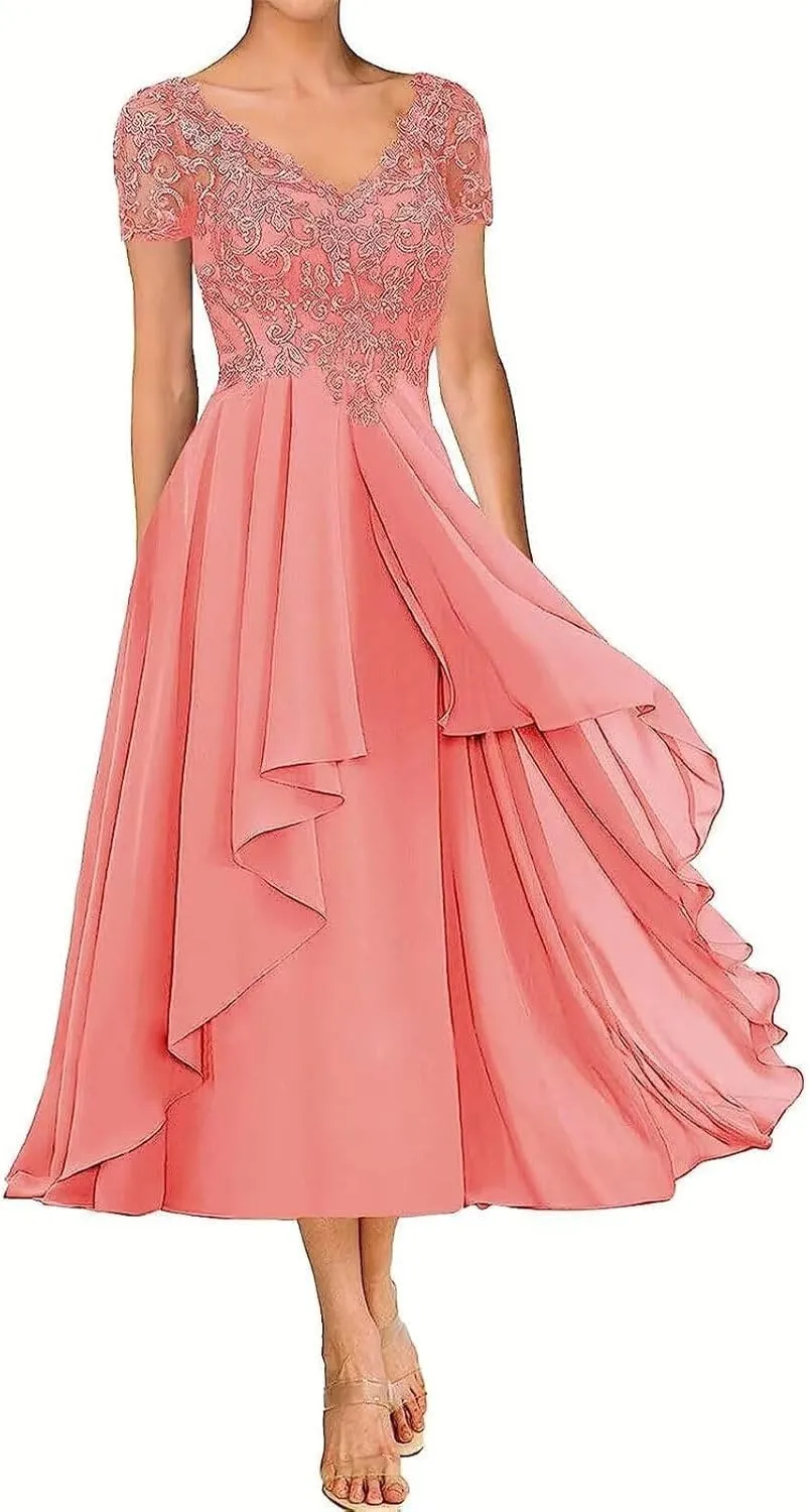 Lace Applique Mother of The Bride Dress for Wedding Short Sleeves Chiffon Formal Party Gown for Women Tea Length RO45
