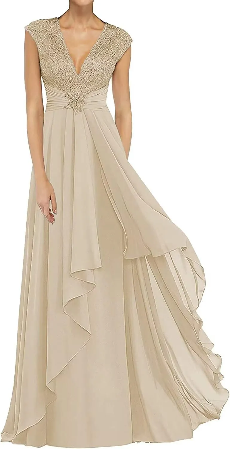 Lace Appliques Mother of The Bride Dresses Long Chiffon Prom Formal Dress V Neck Formal Evening Wedding Party Gown