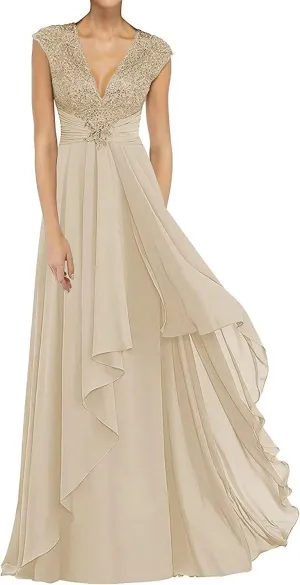 Lace Appliques Mother of The Bride Dresses Long Chiffon Prom Formal Dress V Neck Formal Evening Wedding Party Gown