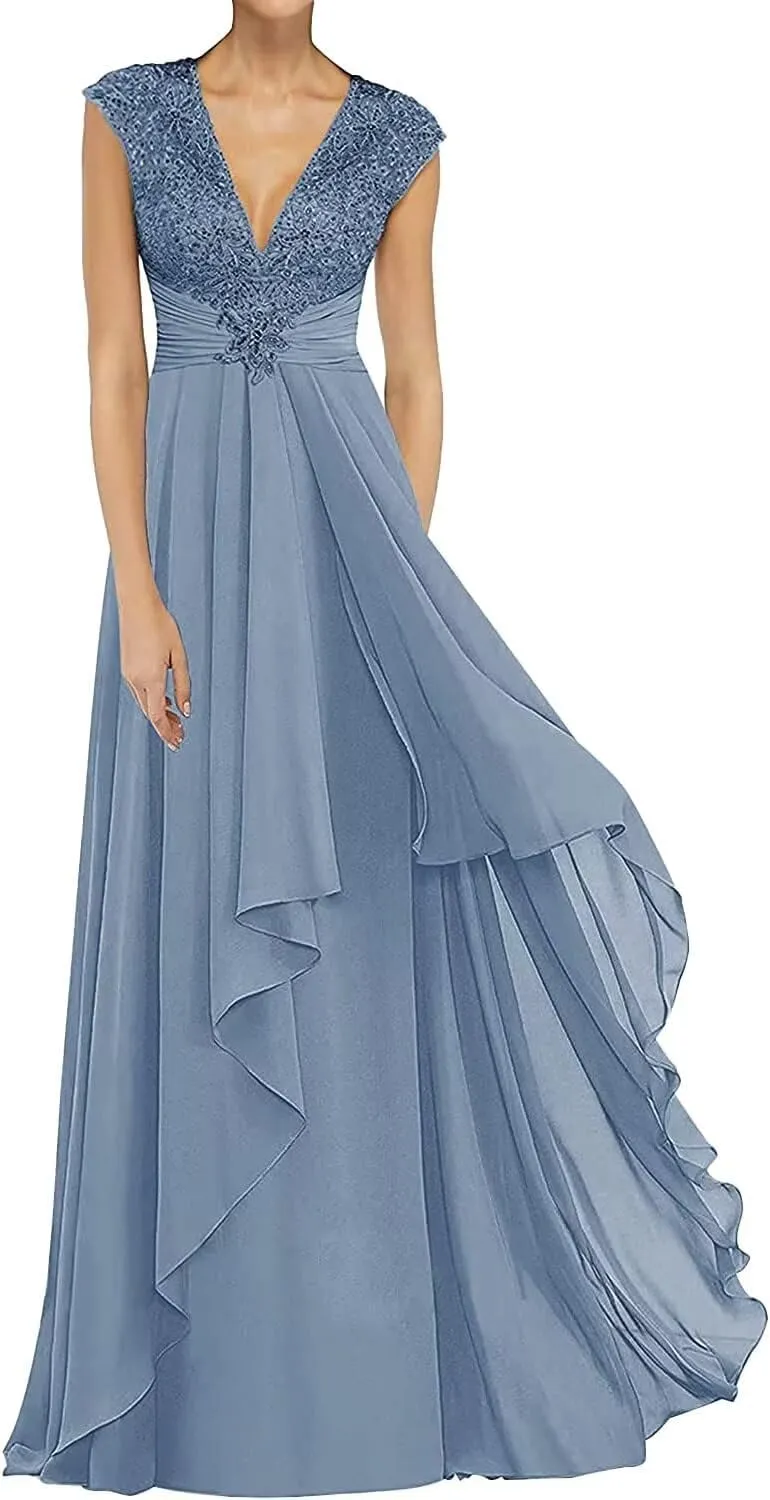 Lace Appliques Mother of The Bride Dresses Long Chiffon Prom Formal Dress V Neck Formal Evening Wedding Party Gown