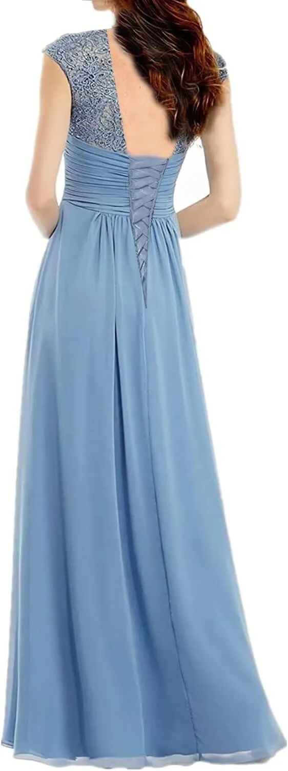 Lace Appliques Mother of The Bride Dresses Long Chiffon Prom Formal Dress V Neck Formal Evening Wedding Party Gown