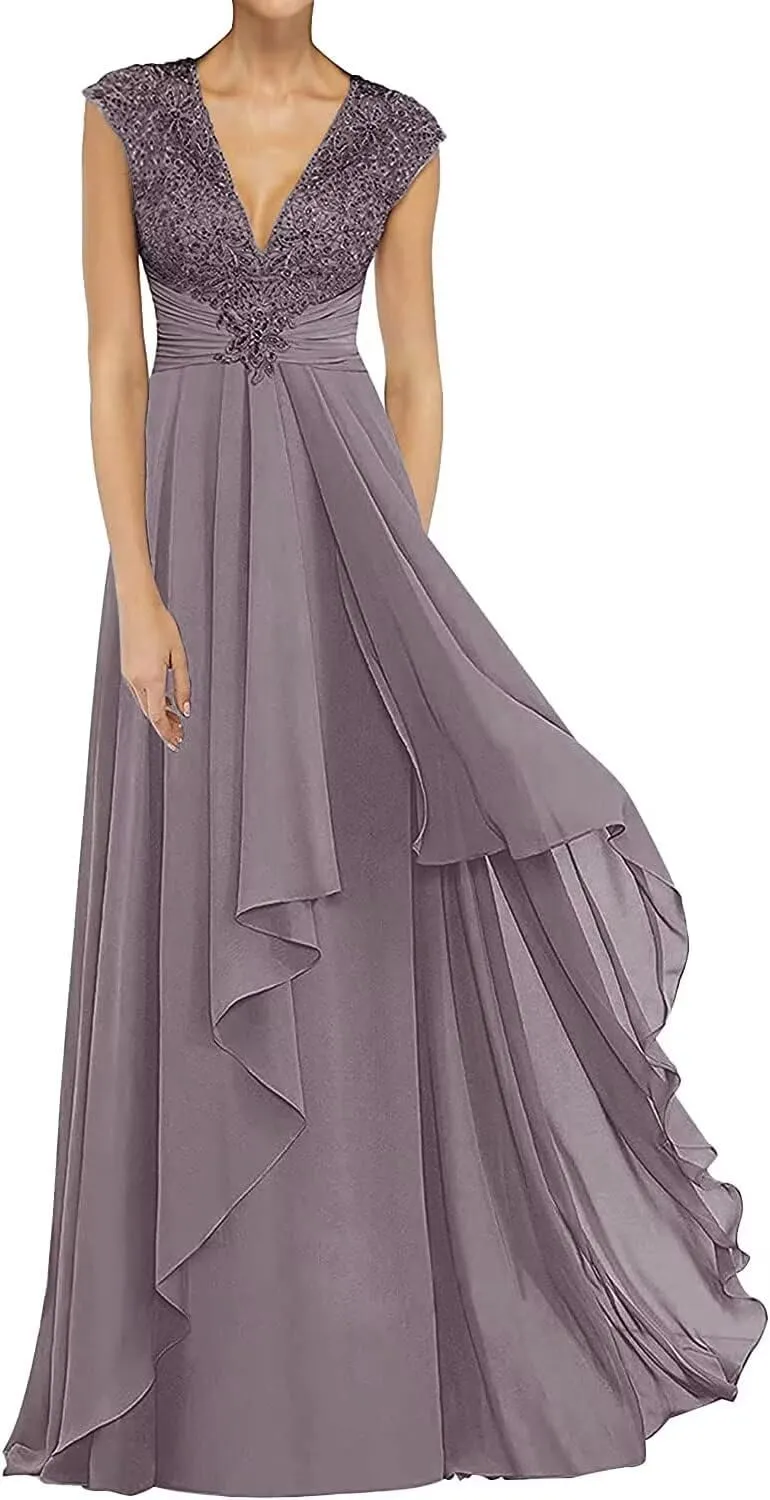 Lace Appliques Mother of The Bride Dresses Long Chiffon Prom Formal Dress V Neck Formal Evening Wedding Party Gown