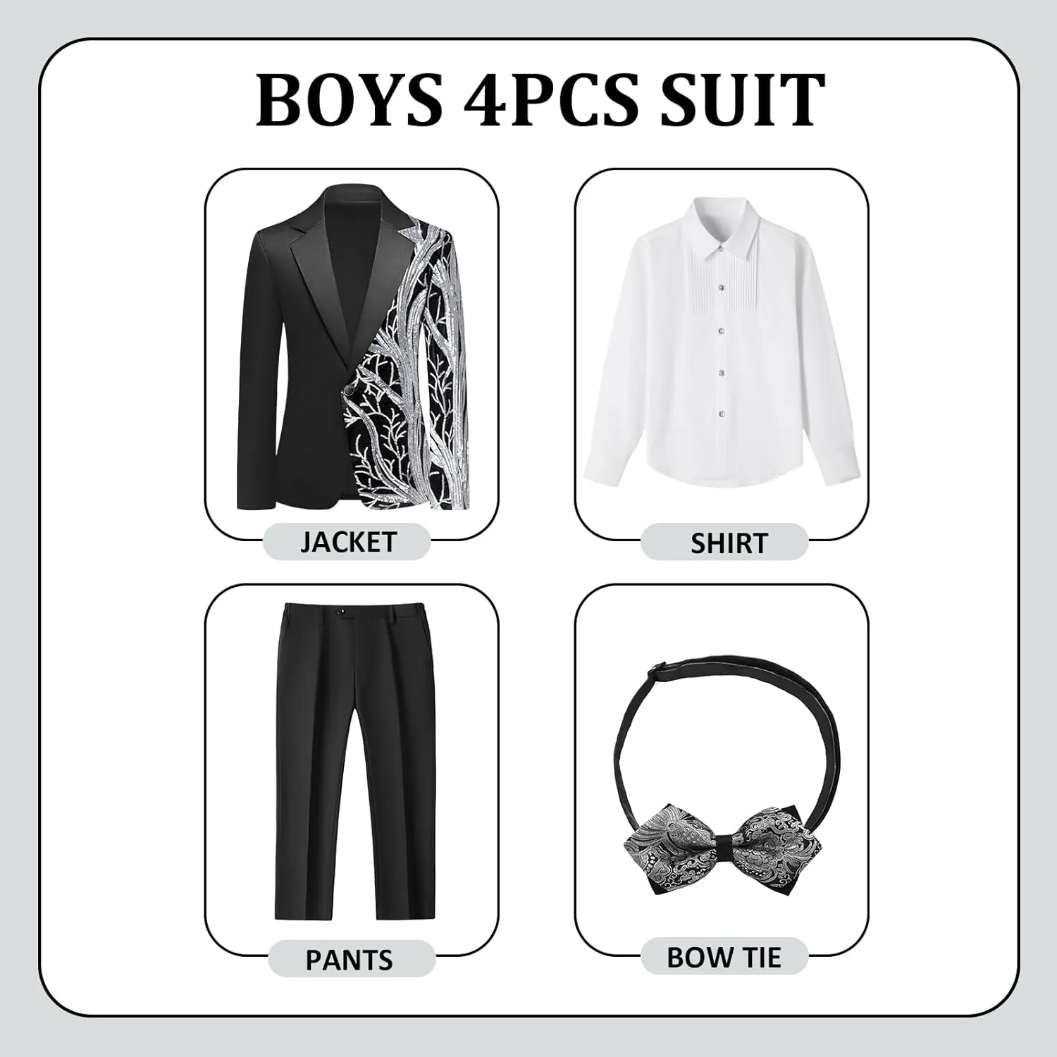 Lamgool Tuxedo Suits for Boys Kids Formal Outfit 4-Piece Set with Sequin Blazer Dress Shirt Black Pants Bow tie Prom Wedding